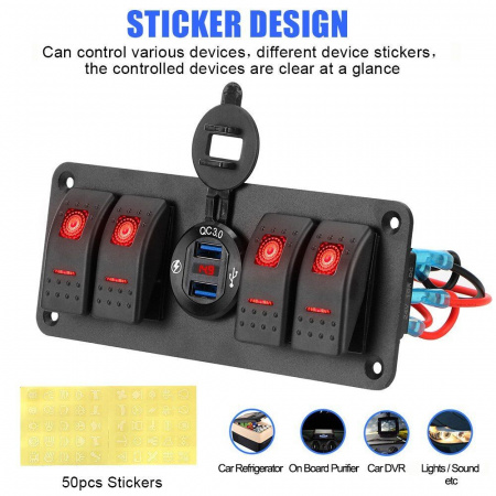 Панель выключателей 4 переключателя  вольтметр с USB ALIS4V